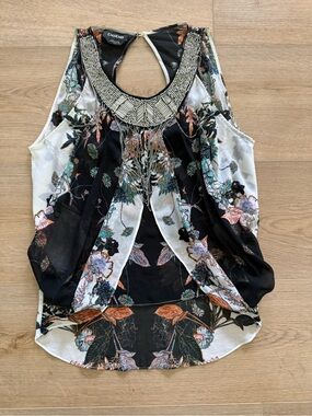 Bebe Floral Chiffon Beaded Chain Fringe Statement Blouse Top XS